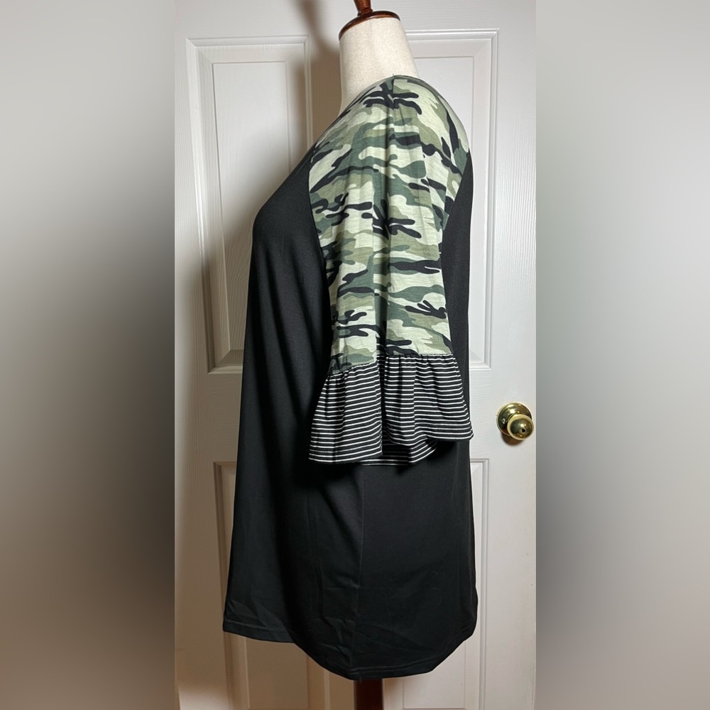BloomChic Black Tunic Top w/ Camo Raglan Sleeves & Striped Ruffle Hem - Picture 4 of 9